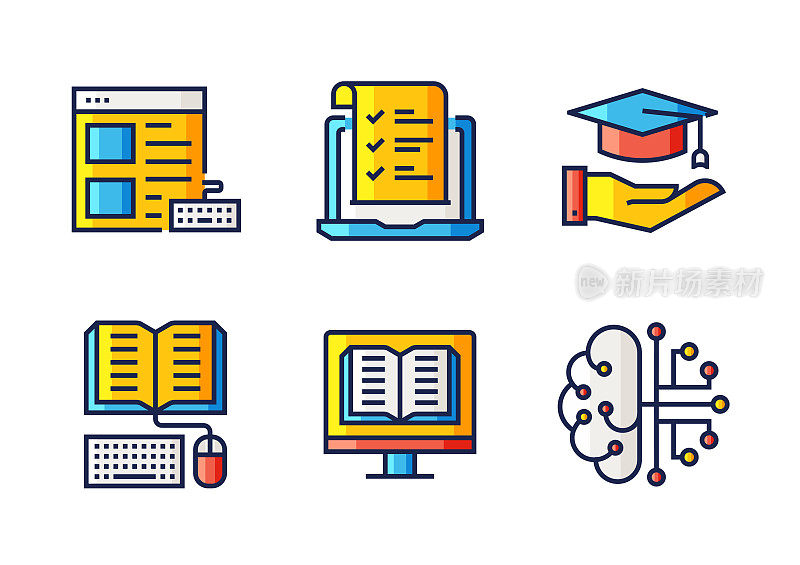 E-Learning, Online Education和Distance Education相关的扁平线图标。向量符号说明。